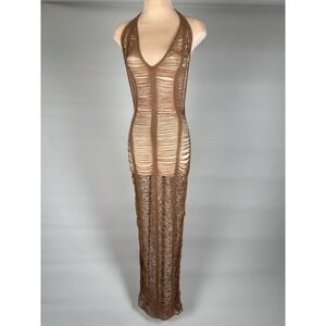Brown Knit Shredded Maxi Dress Halter Neck Open Weave Beach Cover Up